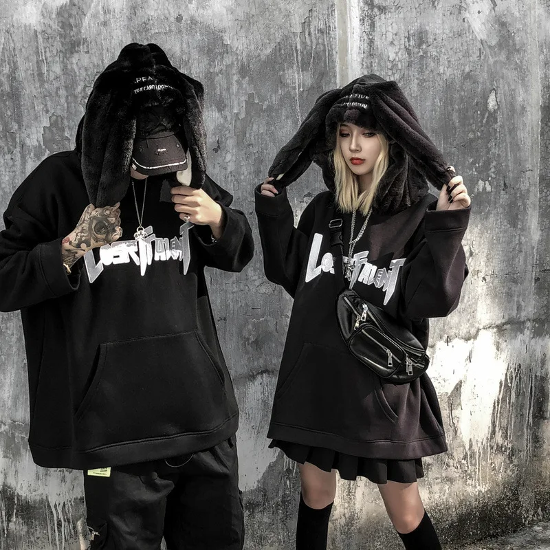 

Harajuku Hoodies Oversized Sweatshirt Women Streetwear Funny Hoodies Goethe Letter Print Rabbit Ears Anime Hoodies Men Hip Hop