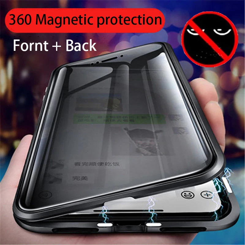 

Privacy Metal Magnetic Tempered Glass Phone Case For iPhone 12 11 Pro XR XS MAX X 6 6s 7 8 Plus Magnet Antispy Protective Cover
