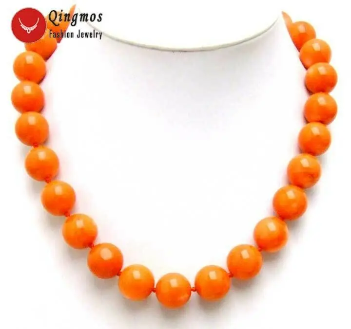 Qingmos Fashion 14-15mm Round Natural Orange Coral Necklace for Woman with Genuine Coral Stone Jewelry 18