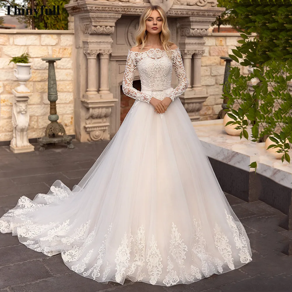 

Thinyfull Modern Long Sleeves Lace Wedding Dresses A Line Appliques Bride Party Dress Off The Shoulder Country Bridal Gowns Maxi