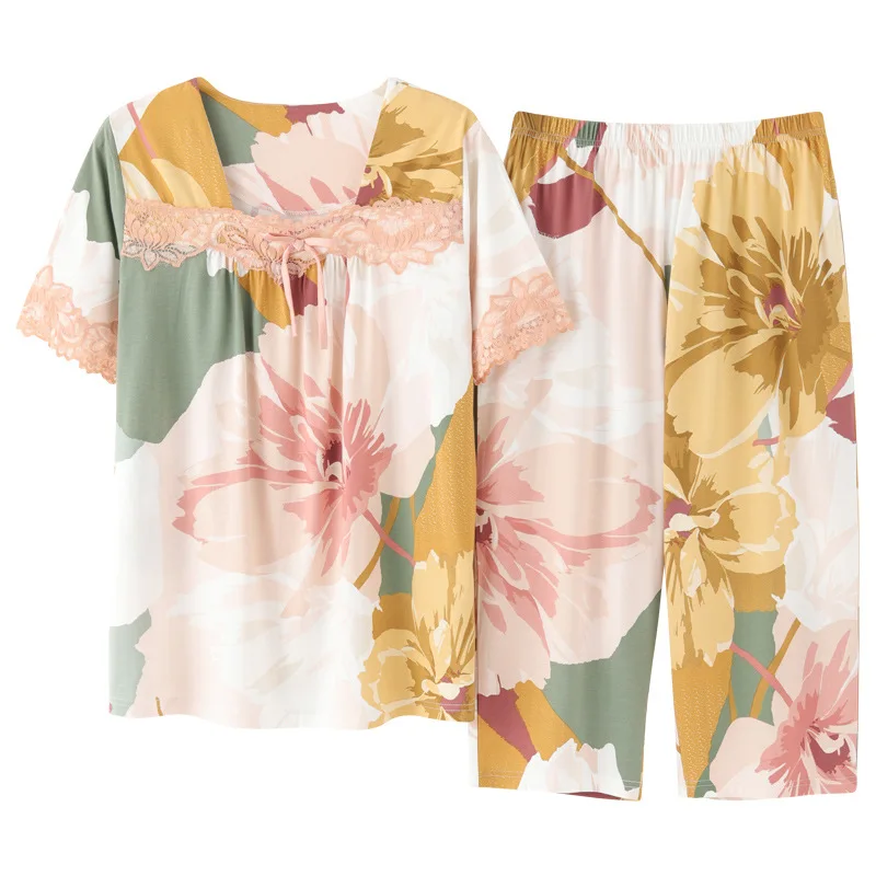 

women's sleepwear new modal pajamas women summer short-sleeved cropped trousers loose pajamas for women