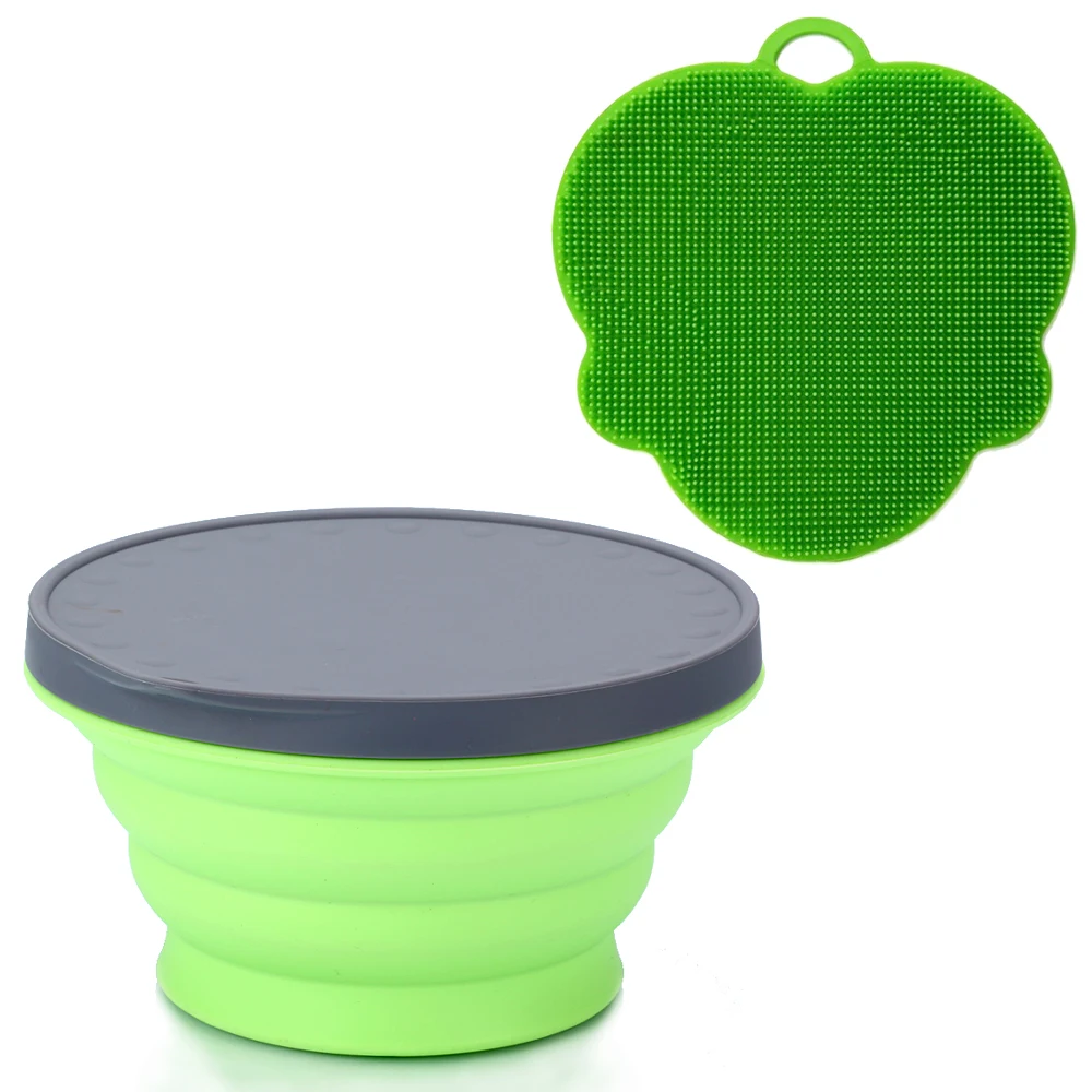 Green Silicone Collapsible Portable Bowl Expandable Bowl with Lid and Silicone Dish Sponge for Travel Camping Hiking - Цвет: Green