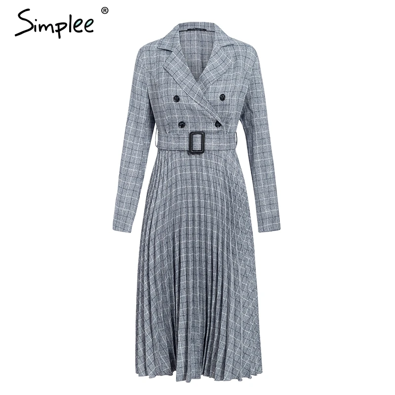 Blue Gray Simplee V-образным вырезом на пуговицах ремень женское платье Элегантный блейзер плиссированные A-Line офисные женские платья с длинным рукавом осень - Цвет: Blue Gray