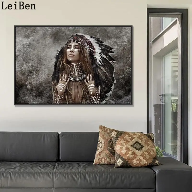 

Indian Woman Poster Ethnic Costumes Girl Wall Art Canvas Painting Primitive Tribe Prints Wall Art Pictures for Living Room Decor
