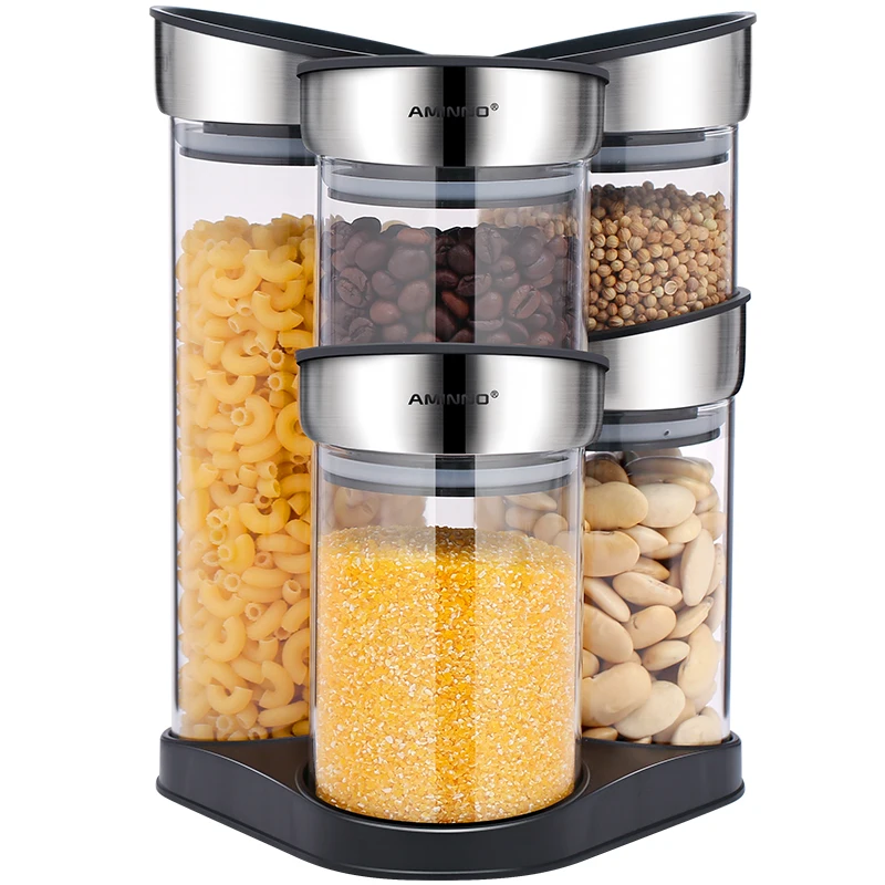 AMINNO Kitchen Food Storage Organizer Containers Stack 5 Glass Bottles Sealed Lid Rotatable Rack 380mlx2 570mlx2 850mlx1 | Дом и сад