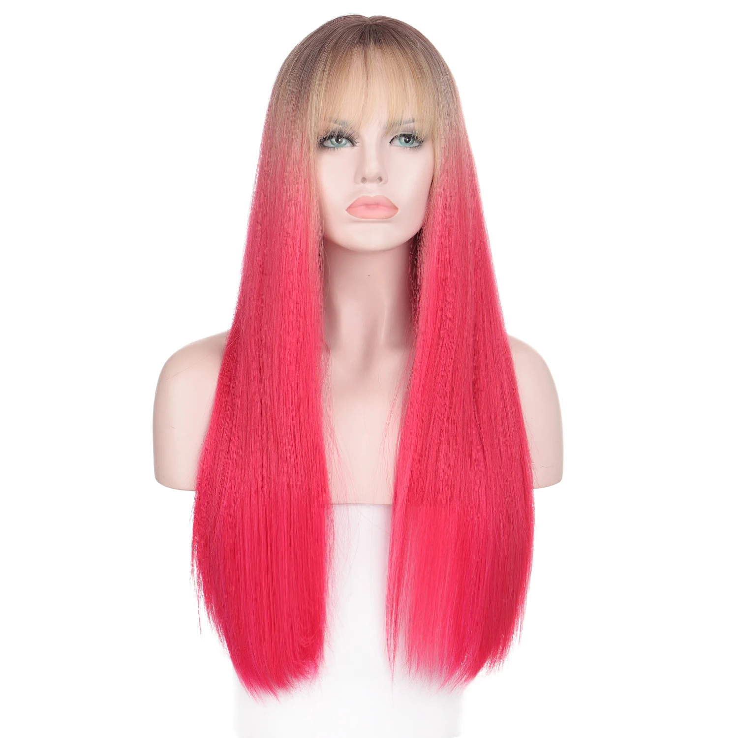 

Long Straight Wigs with Bangs Brown to Rose Red Ombre Synthetic Wigs for Female Cocplay Lolita Heat Resistant Hairpiece Xnaira