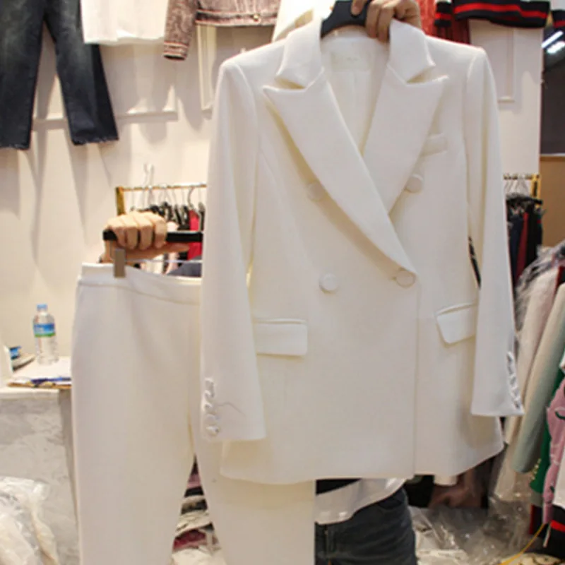 White 2 Pieces Sets Female Business Formal Suits Pant Wedding Long Sleeve Women Office Uniform Designs | Женская одежда