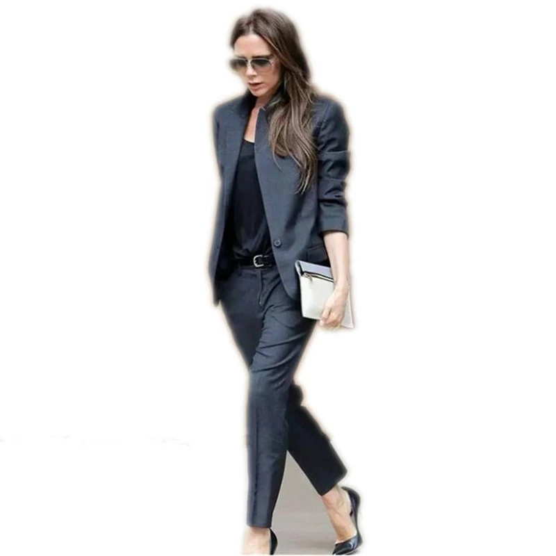 Женские деловые костюмы под смокинг темно серые Офисная форма костюм из 2