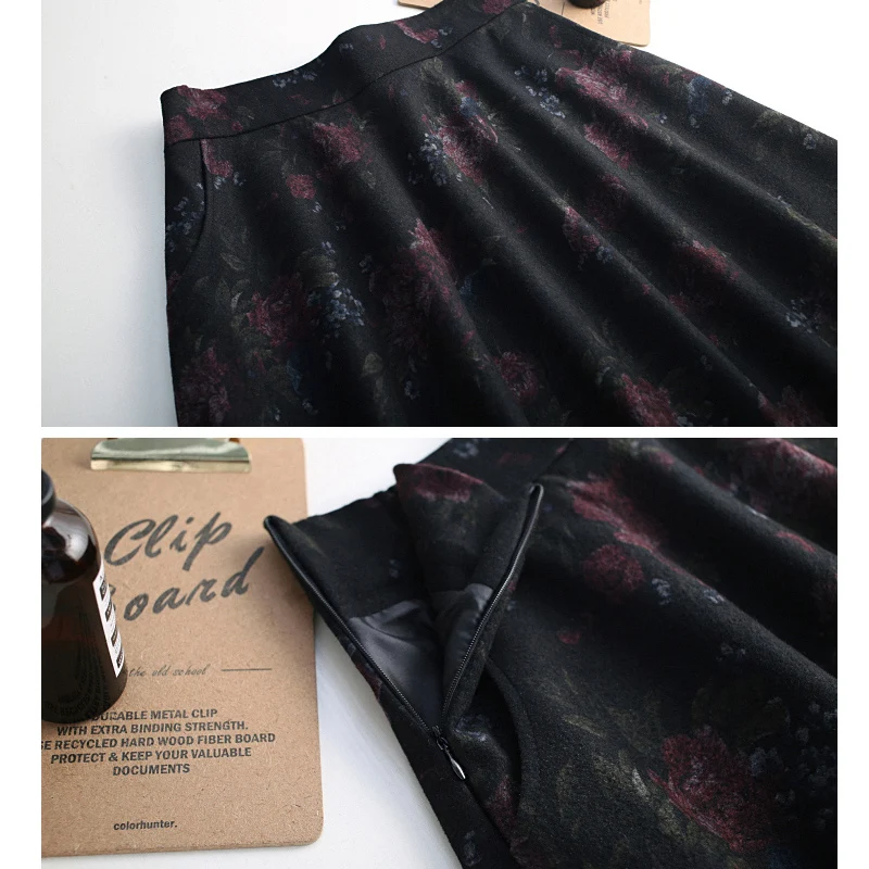 

Women Skirts Winter Thick Spring Wool Blends Plaid Elegant Pleated Chic Girl Pocket Print Long Skirts Female faldas jupe femme
