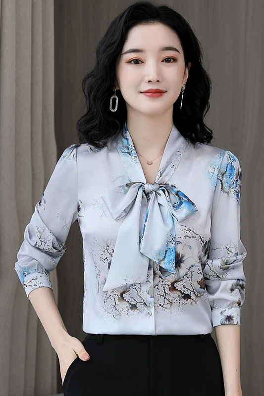 

Silk Slim Women's Blouses New Commuter Blouse Fashion Long Sleeve Top Flower Bow Buttons Shirt Spring/autumn Houthion