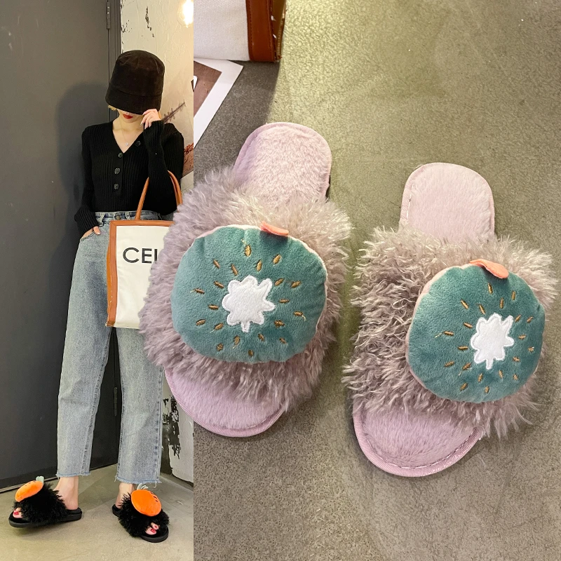 2021 Fashion New Plush Slippers Female Autumn and Winter Cute Home Non-slip Cotton Mopping Thick Bottom Hairy Mopping Flip Flops