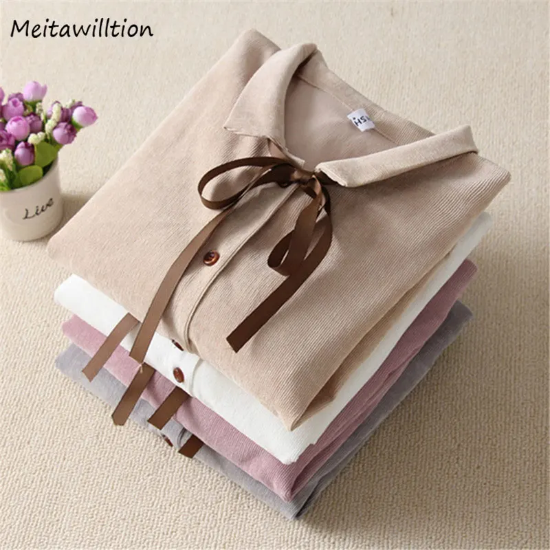 Женские вельветовые рубашки белые блузки в Корейском стиле с длинным рукавом и