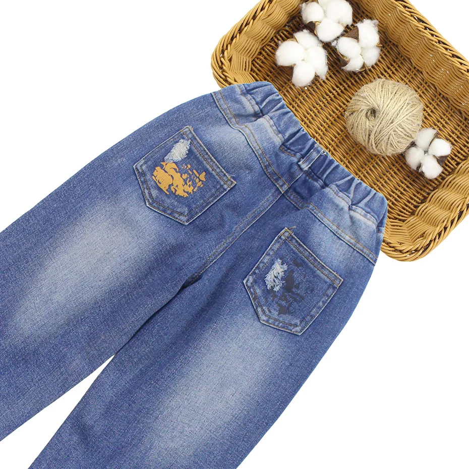 Джинсы для девочек детские джинсы с принтом свободные рваные джинсовые брюки