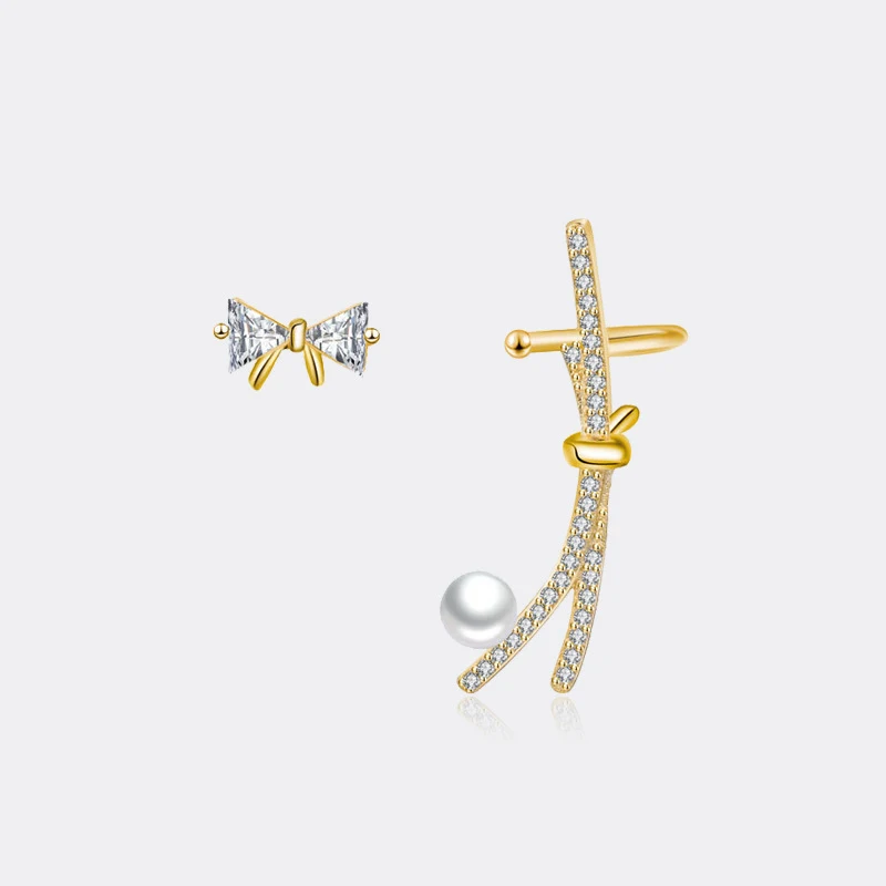 

Fashion Cubic Zircon Bowknot Cuff Earrings Bow Pearl Asymmetry Stud Earrings For Women Korean Ear Cuffs Jewelry Gift