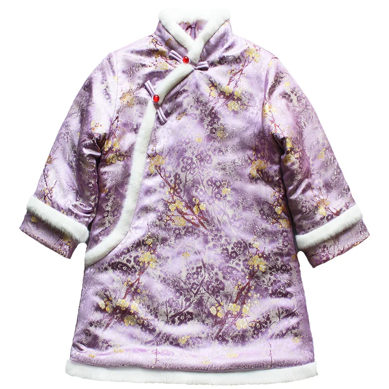 

New Children Girls Cheongsam Chinese Style Long Sleeve New Year Flower Embroidery Dress Thick Winter Girls Warm Dress 2-12Y