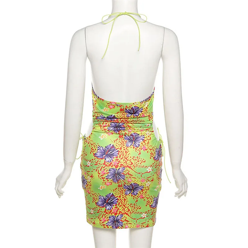 

NOVAINSPO Hollow Out Floral Printing Halter Sleeveless Dresses Lace Up Backless Casual Summer Outfits One Piece Hot Mini Dress