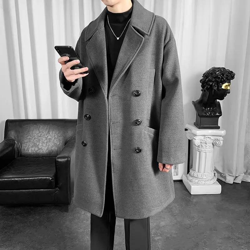 

Autumn winter 2021 new fashion mid-length woolen coat men's over-the-knee windbreaker Korean double-breasted jacket trend