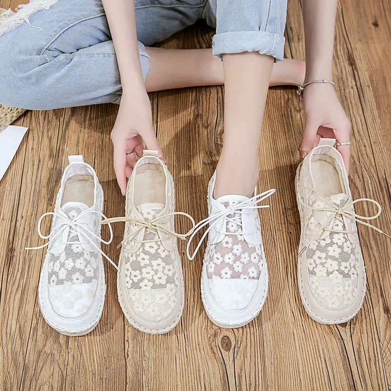

Fashion Spring and Summer New Embroidered Mesh (Air mesh) Casual Breathable Cutout Lace-Up Solid Cover Heel Shallow Flat With