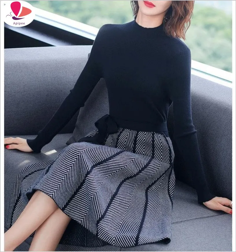 

High Collar A-line Knit Dress Women's 2022 New Thickened Arrow Striped Women Elegant Sashes Knitted Dress