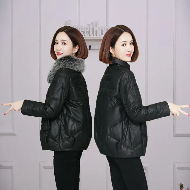 Leather jacket women short 2021 winter new cotton jacket loose  imitation fox fur collar fur PU leather thick jacket coat A292