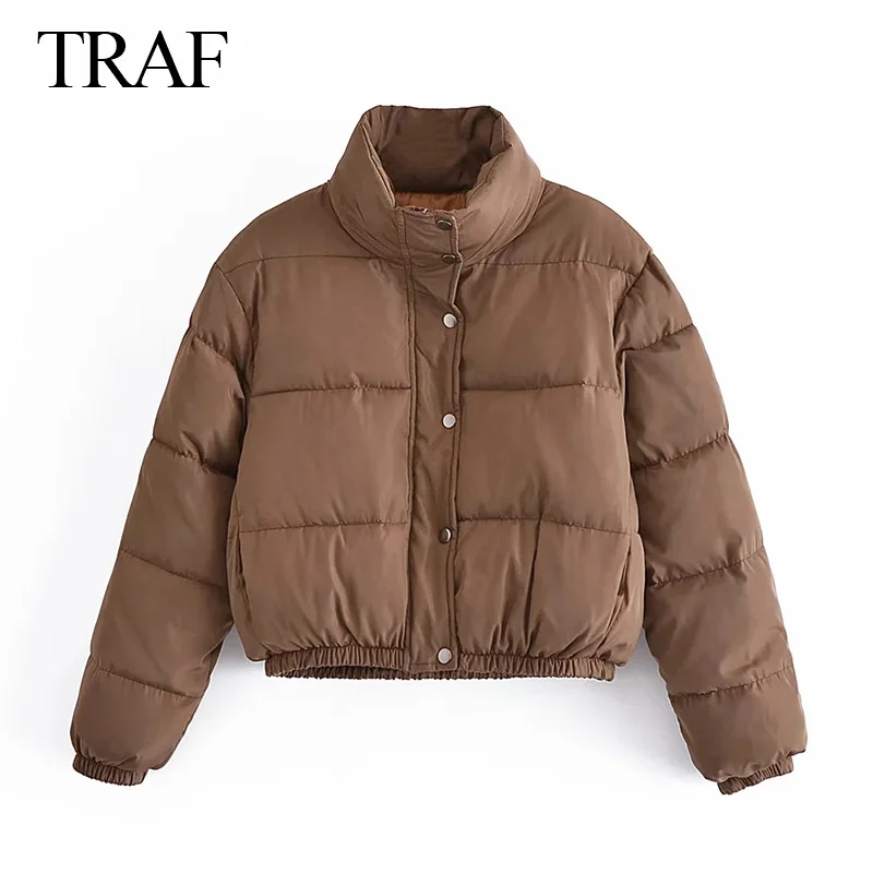 

TRAF ZA Women 2021 Thick Warm Short Parkas Jacket Khaki Zipper Pockets Cotton Coat Ladies Streetwear Autumn Winter Clothes Mujer