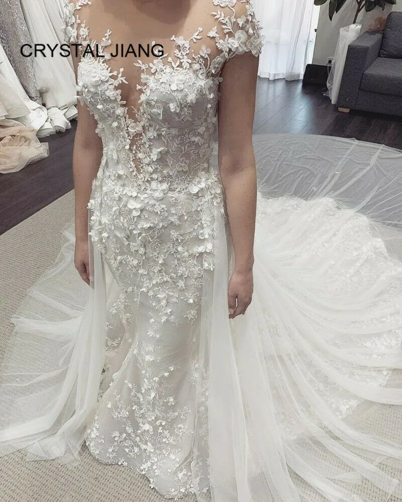 

2020 Sexy Deep V Neck Lace Applique Wedding Dress Custom made Chapel Train Mermaid Wedding Gown with Detachable Train
