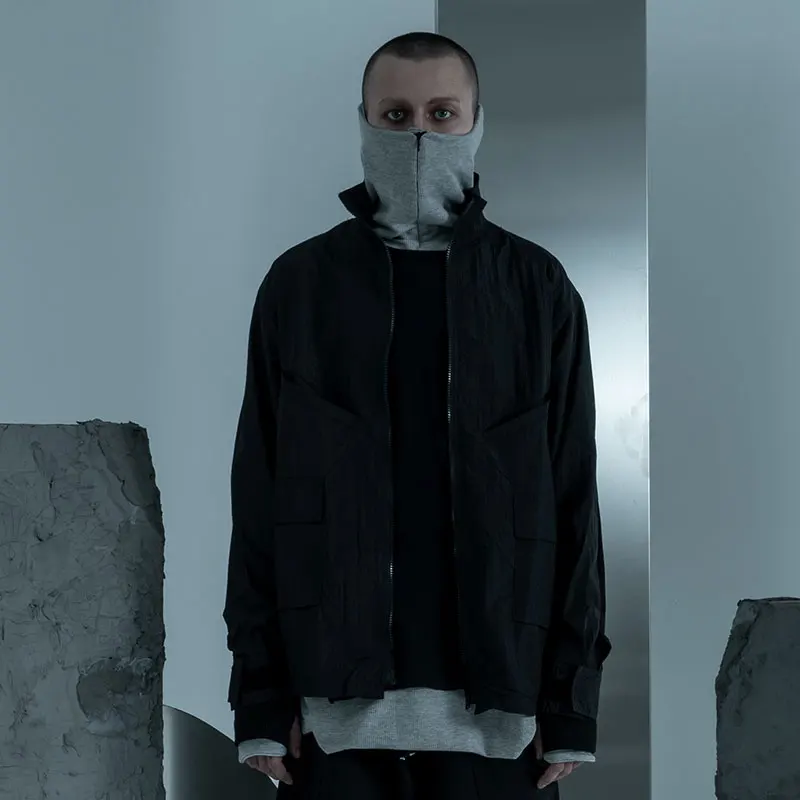 PUPIL TRAVEL Men's Washed Vertical Collar Zip Up Shirt 20FW Techwear Hip Hop Punk Jacket Waste Soil Style Streetwear
