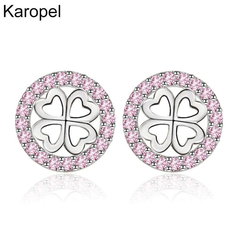 

Karopel 925 Sterling Silver New Woman Fashion Jewelry High Quality Pink Crystal Zircon Four Leaf Clover Hollow Stud Earrings
