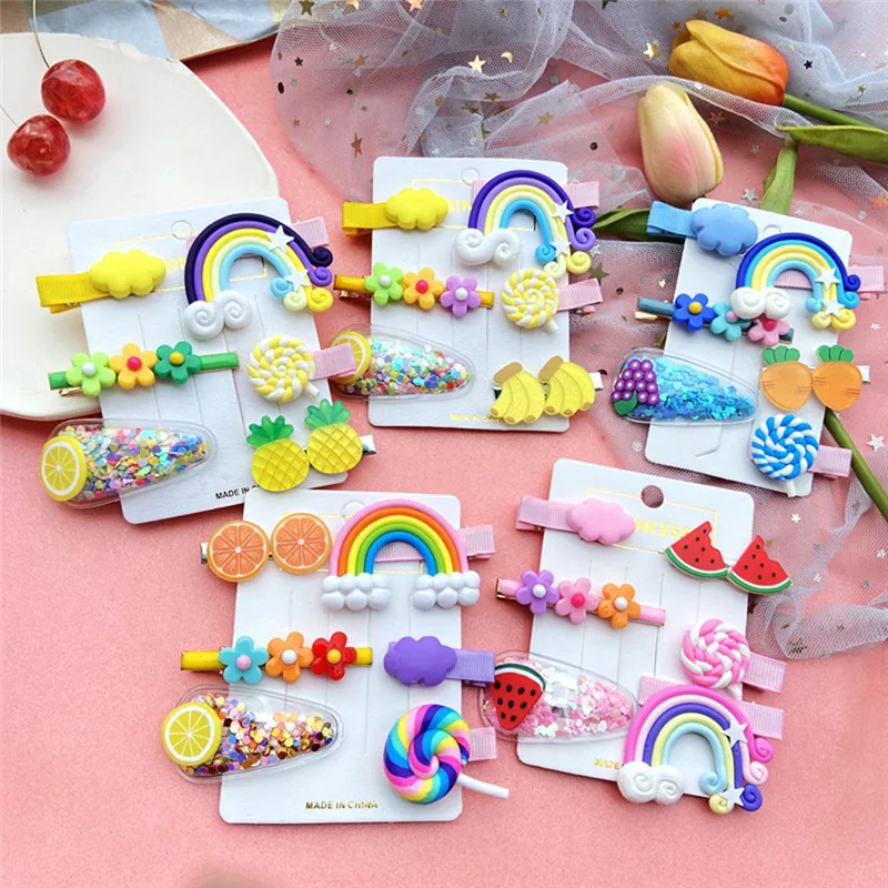 

New Rainbow Fruit Watermelon Barrettes Headwear Set Candy Color Cloud Lollipop Flower Clips Hairpins Hair Accessories For Girls