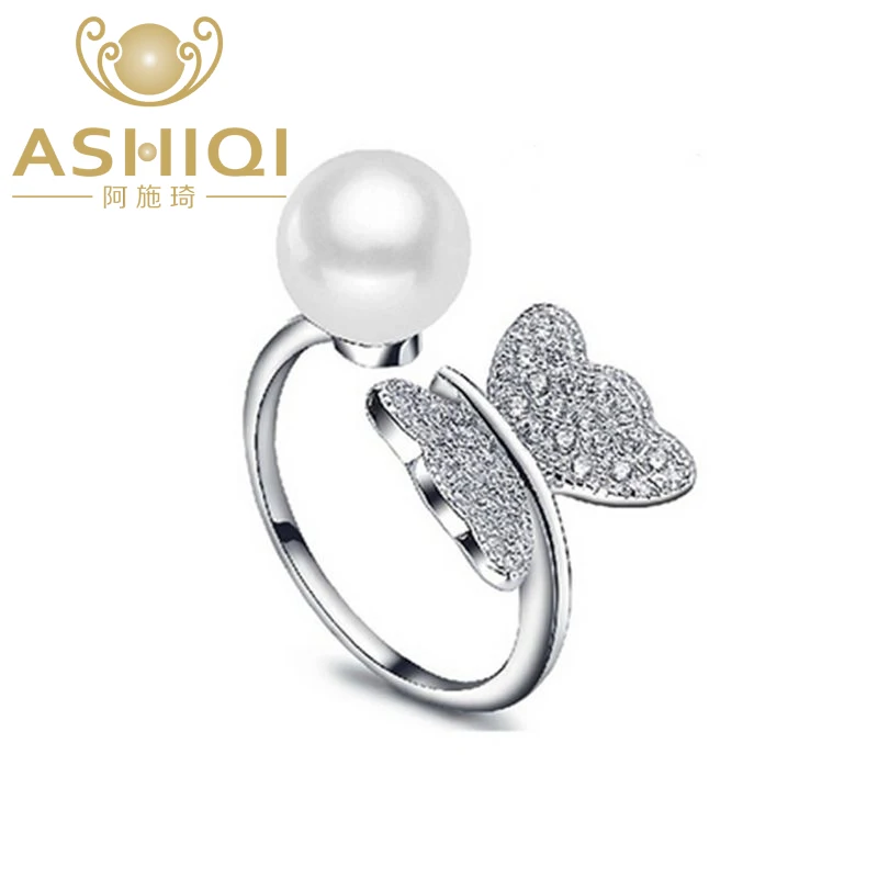 

Женское кольцо с бабочкой ASHIQI, регулируемое кольцо из настоящего серебра 925 пробы с натуральным пресноводным жемчугом