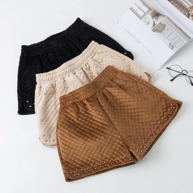 Велюровые женские шорты с высокой талией и широкими штанинами зимние теплые