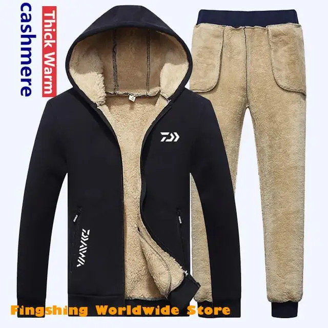 

Зимний мужской комплект, теплая Толстая куртка с капюшоном Daiwa Fishing + штаны, комплект из 2 предметов, мужские кашемировые толстовки из овечьей...