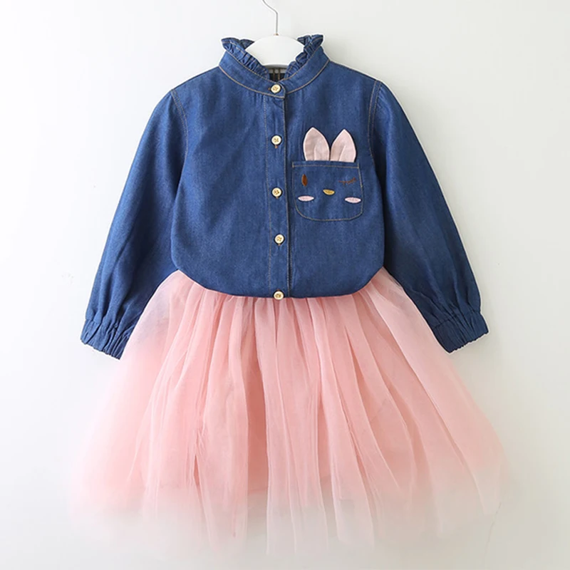 01pink az1778 Bear leader/платье для девочек повседневное стильное рождественское платье джинсовая рубашка с длинными рукавами и вышивкой с героями мультфильмов+ Сетчатое платье Одежда для девочек из 2 предметов - Цвет: 01pink az1778