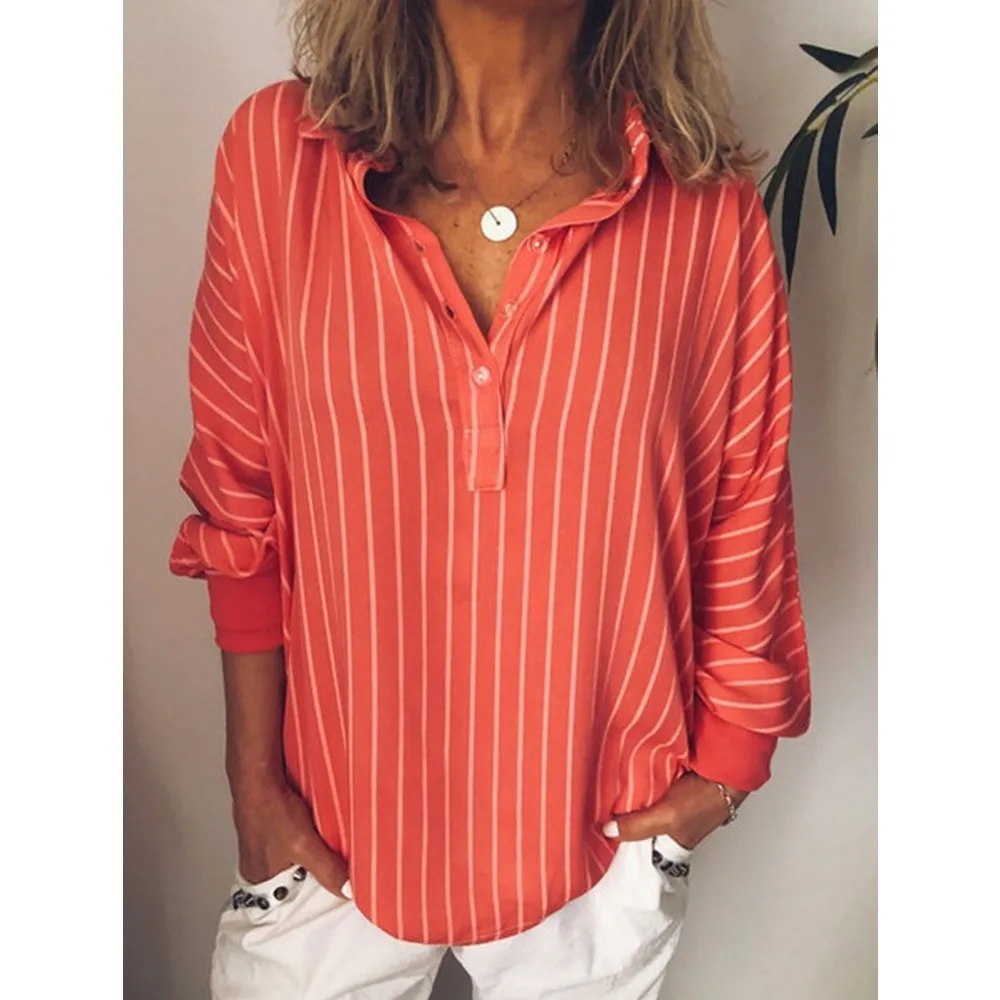 

Fashion summer Woman blouses stripe Loose Casual Striped Button Lapel girl Long Sleeve Shirt Top Blouse button female clothing