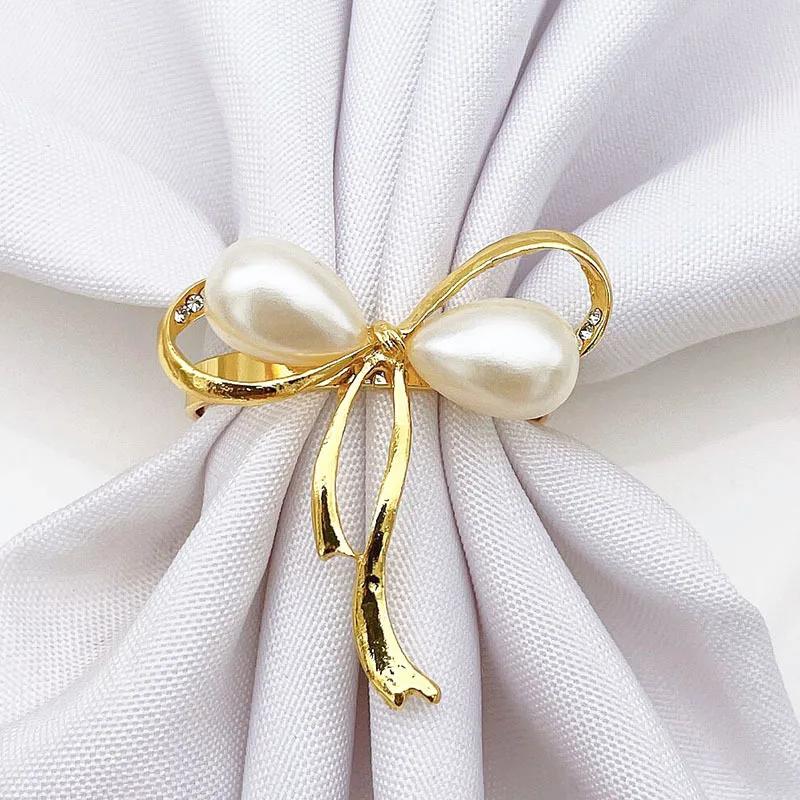 6PCS Golden Pearl Bow Napkin Button Hotel Model Room Hotel Table Set Tableware Decoration Mouth Ring Napkin Ring