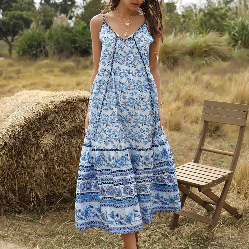 

Women's Sexy Summer Spaghetti Strap Dress 2021 New Ladies Bohemian Sleeveless V Neck Print Long Dress