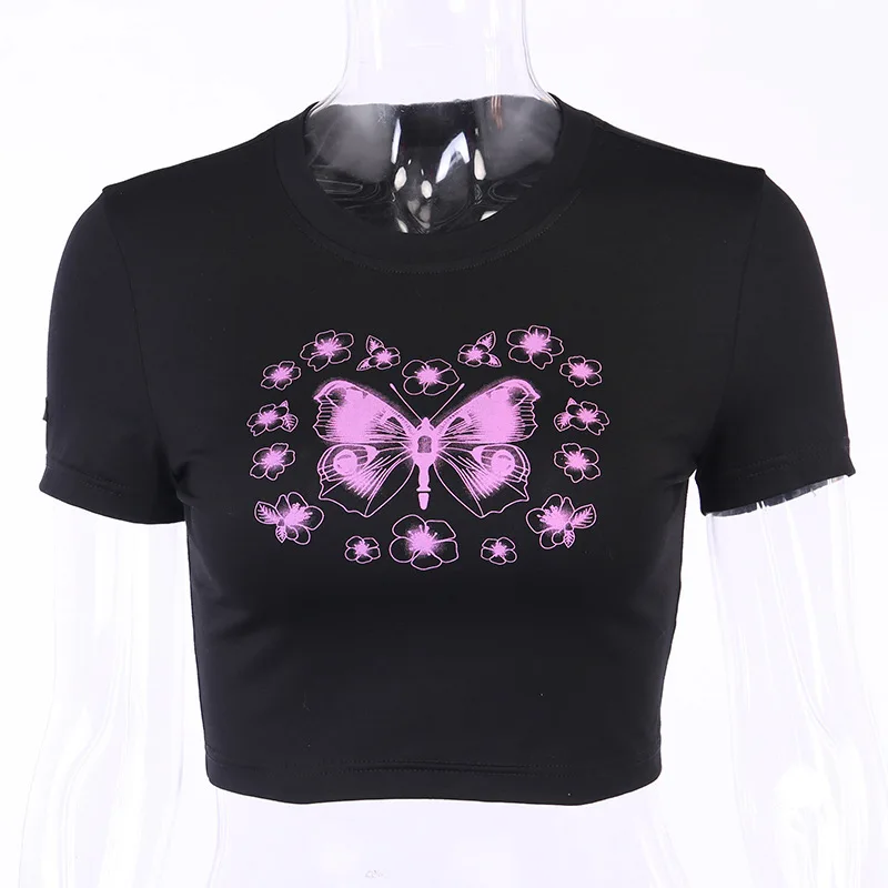 

Women Cowgirl Print Crop Tee Short Sleeve Crop women's T-shirt y2k top summer Harajuku Butterfly print Kawaii Women tee shirt