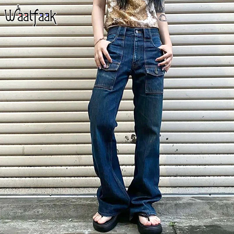 

Waatfaak Pocket Patchwork High Waist Y2K Jeans Vintage Denim Streetwear Cargo Jeans Pants Baggy Grunge Pants Harajuku Boyfriend