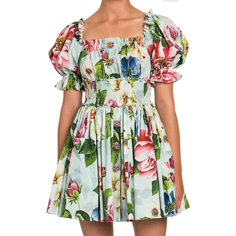 

Summer Women's Cotton 3D Printing Ruffles Elastic Waist Pleated Dress 2020New Women's Short Sleeve Fashion Party Poses, Skirt XL