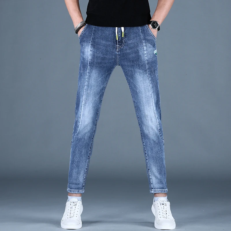 Mens Fashion Spliced Blue Jeans Men Summer Casual Embroidery Slim Fit Pencil Pants