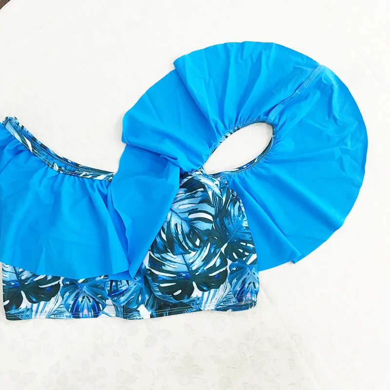 Синий купальник с оборками двухсторонний консервативный для женщин высокой