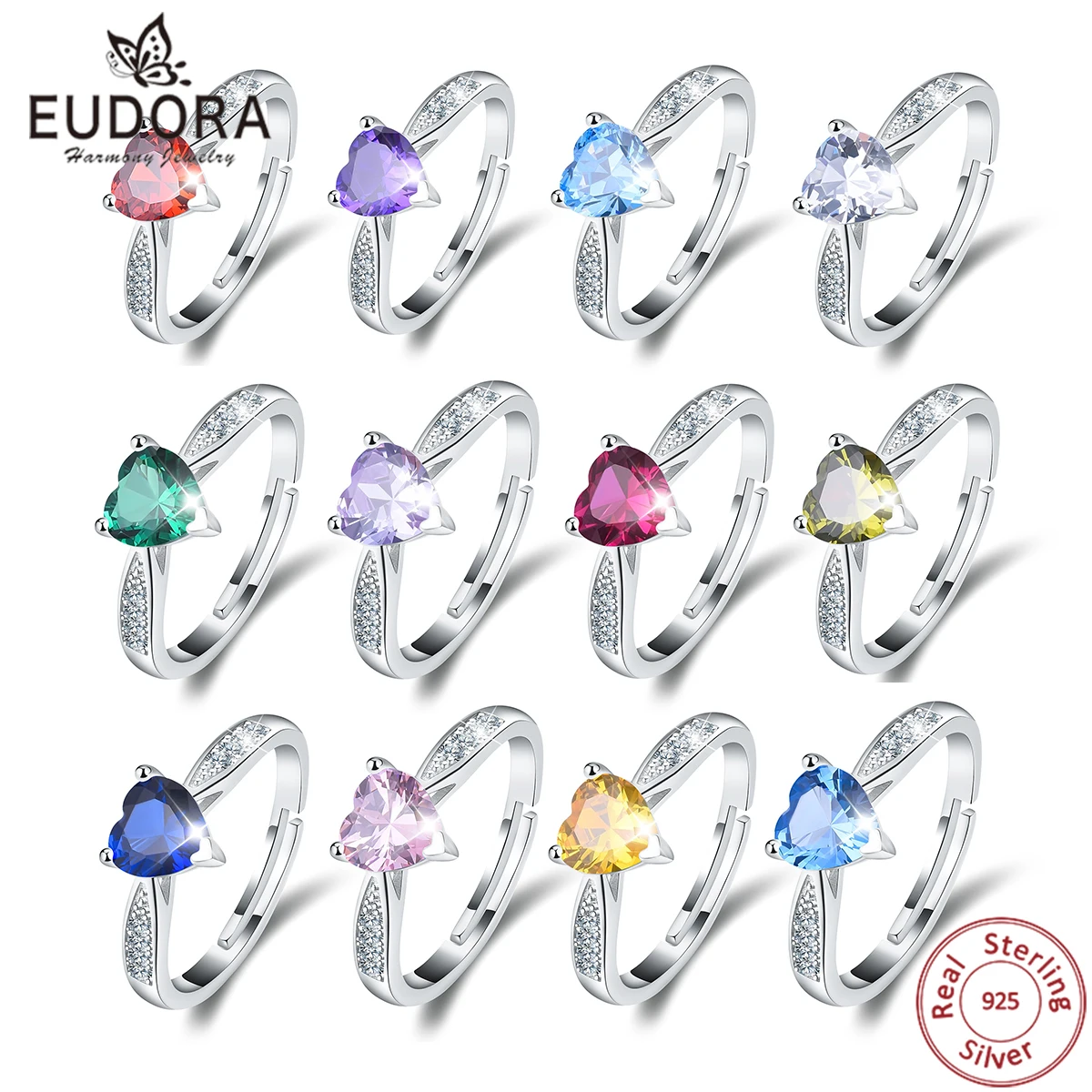 

Eudora, 100% 925 пробы, серебряное кольцо с камнем на день рождения, с января по декабрь, для девочек и мальчиков, Открытое кольцо для друзей, подаро...