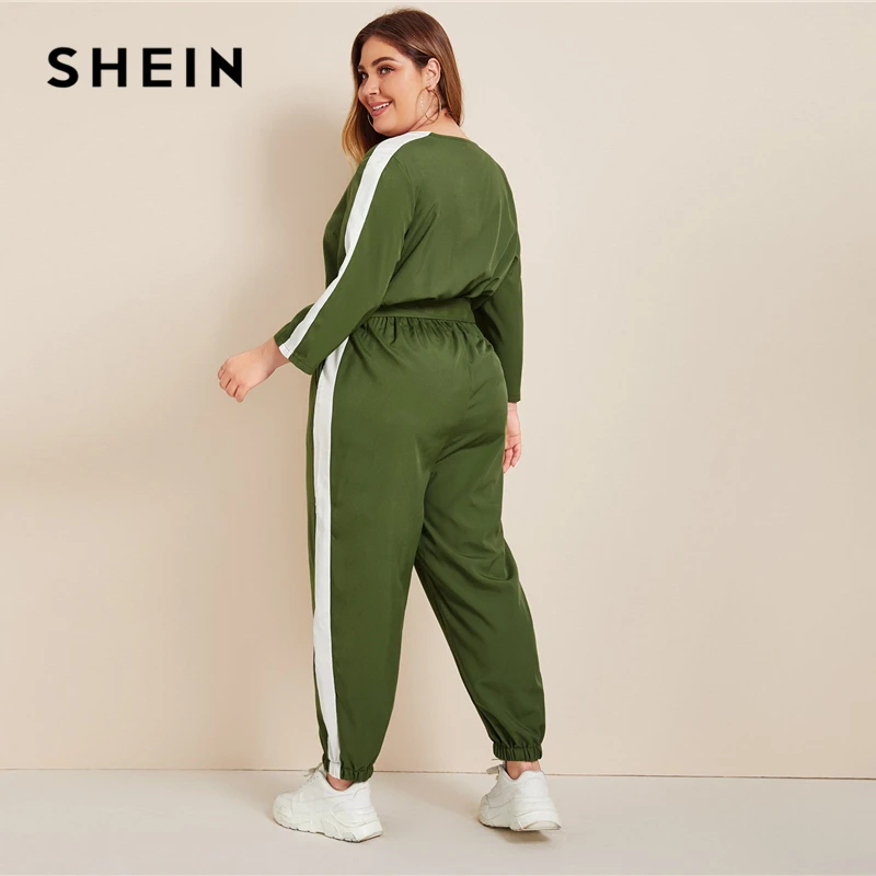 SHEIN плюс размер цветной блок Surplice передний комбинезон с поясом женский весенне-осенний Повседневный v-образный вырез длинный рукав спортивные длинные Комбинезоны