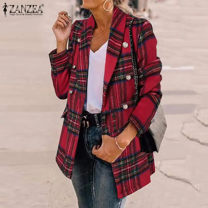 

ZANZEA Stylish Women Plaid Checked Jackets 2021 Autumn Vintage Lapel Neck Long Sleeve Casual Outwear Double-Breasted Suits Coats