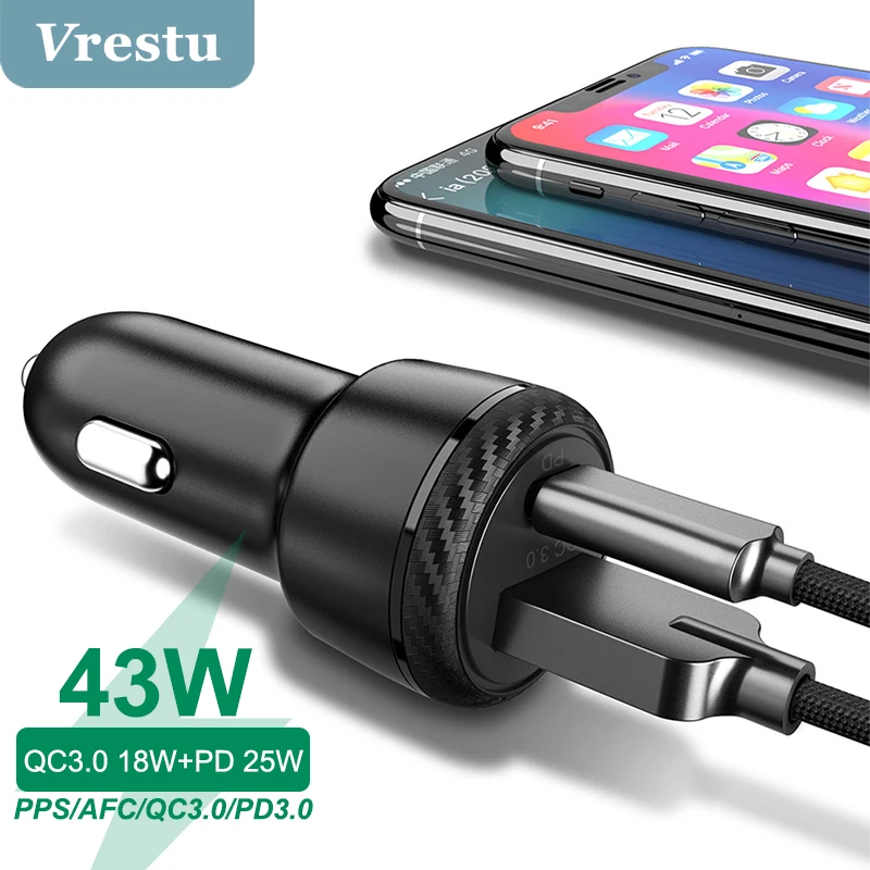 

USB Car Charger Quick Charge QC3.0 FCP 18W PD 20W USB Typec 43W Fast Car Power Adapter for iPhone 13 12 Mini Samsung S21 S10 PPS