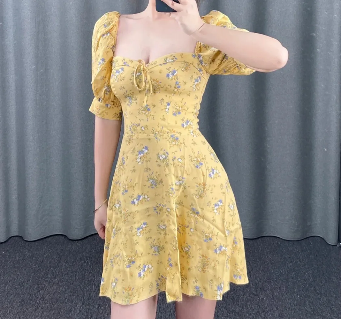 

European Floral Puff Sleeve Bow Belt Sexy Strapless Short Sleeve A Line Yellow Blue Summer Sweet Vintage Chic Runway Women Dress