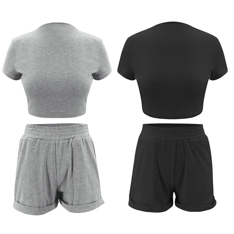 

Women's Costumes Summer Casual Suits Casual Round Neck Short-sleeved T-shirts And High Waist Exposed Navel Shorts Women's Suits