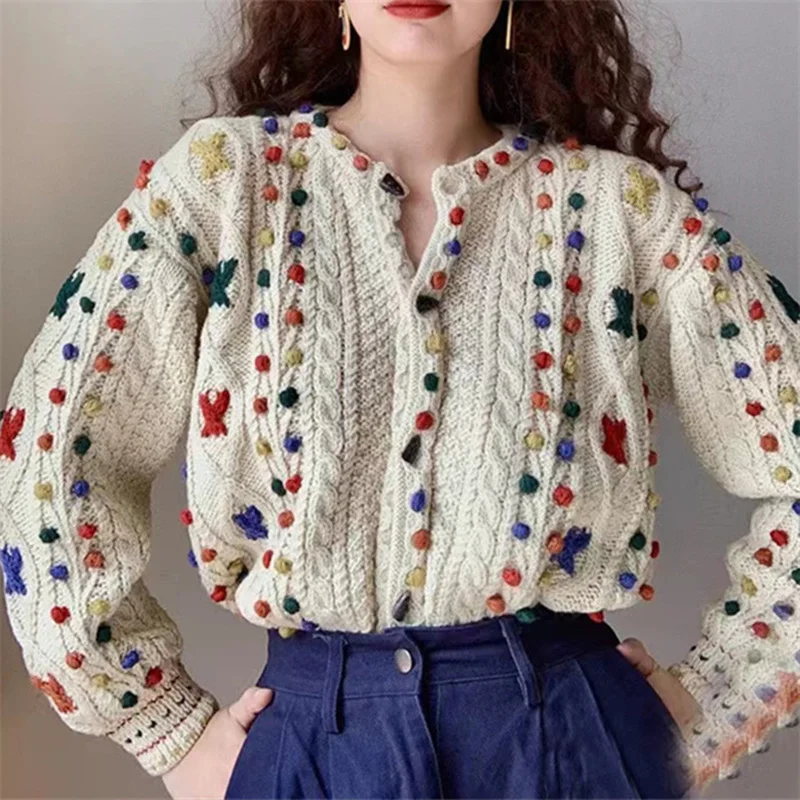 Colors 3D Hair Ball Horn Buckle Knitted Cardigan Women 2021 Autumn Winter Sweater Jacket O-Neck Cardigan Coat Chrismtas Clothes