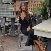 sexy backless black long sleeve midi dress women 2022 spring summer v neck hollow out bodycon club party dresses elegant