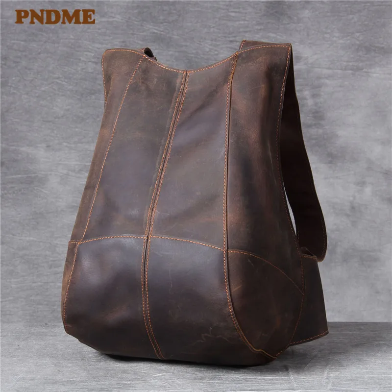 PNDME men's women's genuine leather small backpack simple retro waterproof designer high quality crazy horse cowhide bagpack